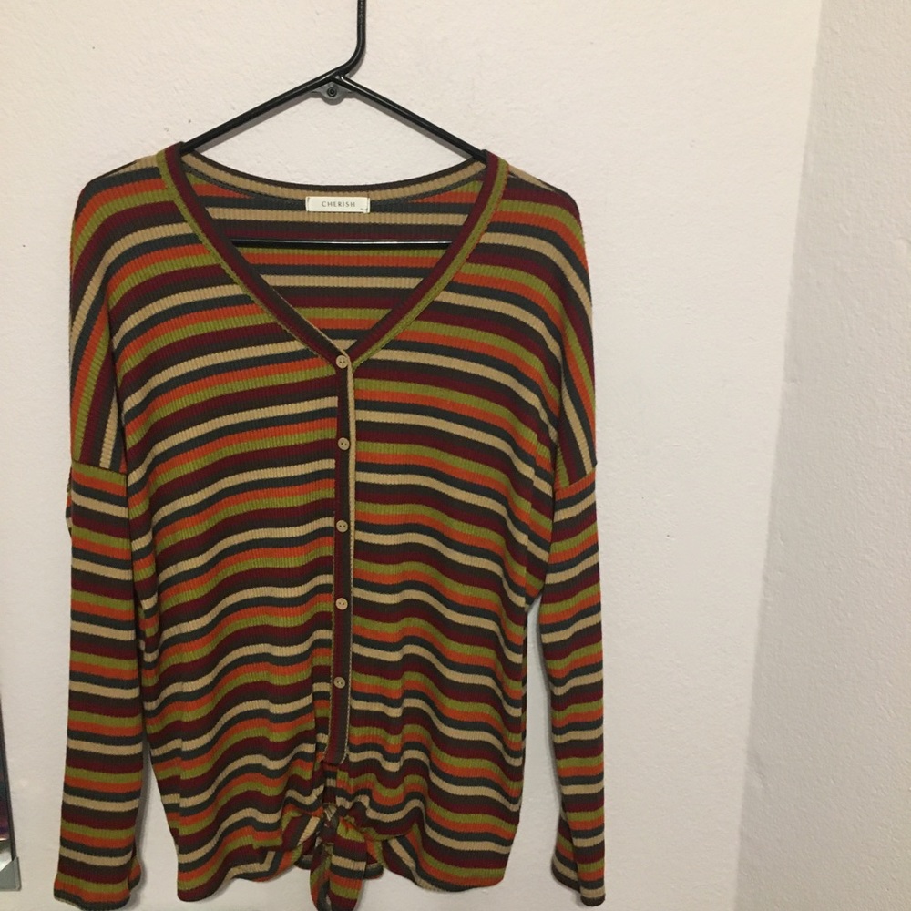 Large CHERISH striped sweater. Tie at waist.